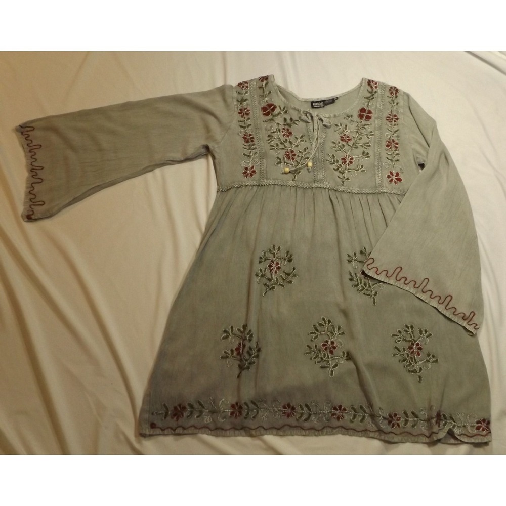 Anandas Collection Embroidered Gray Rayon Dress XL Floral Long Sleeve Tie Neck